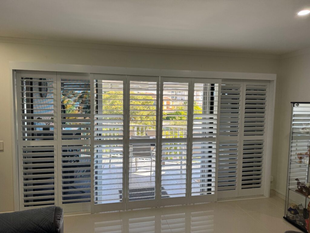 Close-up of plantation shutter louvres in white PVC in a Redcliffe home